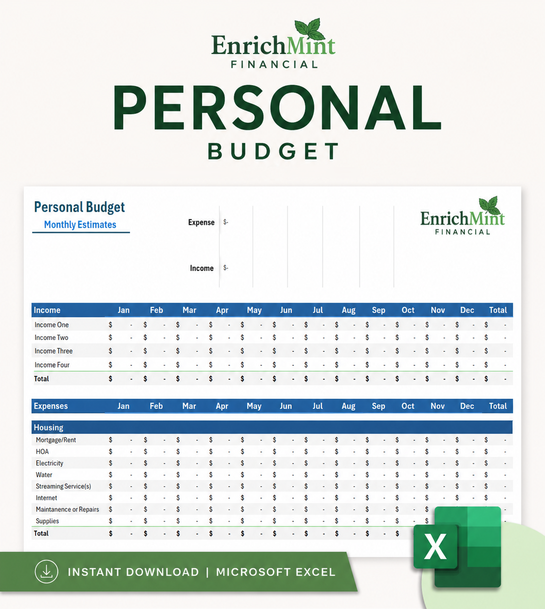 Personal Budget Template w/ Kids